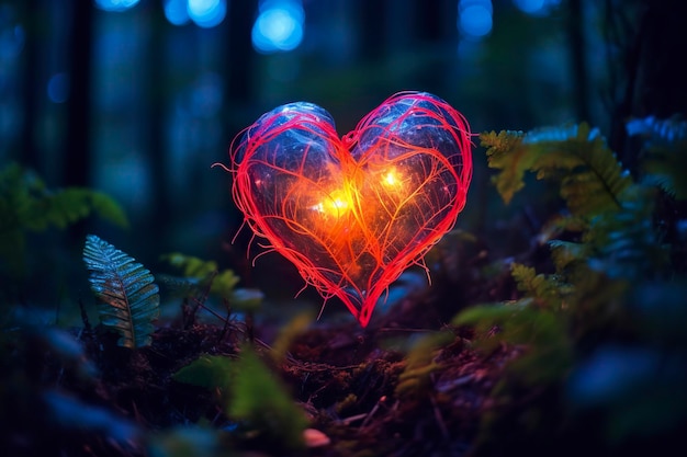 Glowing bioluminescent plant shaped like a human heart in a mysterious forest Generative AI