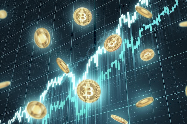 Glowing bitcoin and business statistic