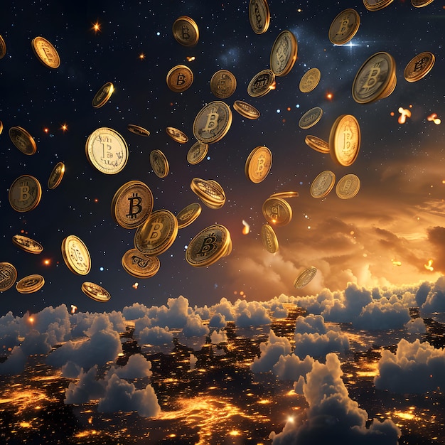 Photo glowing bitcoin rain against nocturnal sky