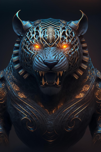 Glowing black lion in regal armor a captivating portrait AI Generated