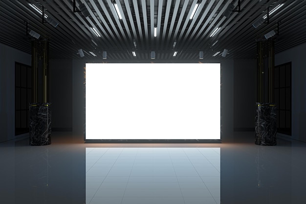 Photo the glowing blank wall in the large showroom 3d rendering