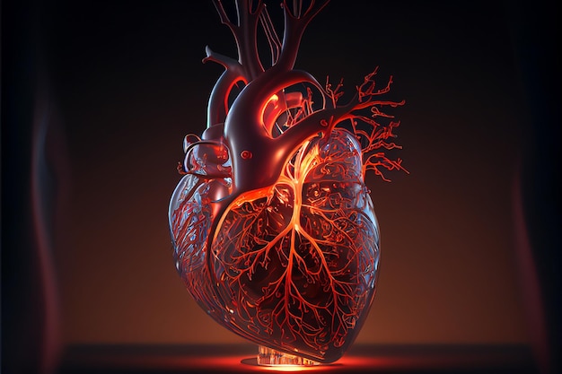 Glowing blood heart and vessels on a dark background illustration