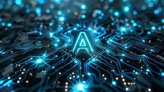 Glowing blue AI letters on a circuit board with a dark backdrop and lighted pathways