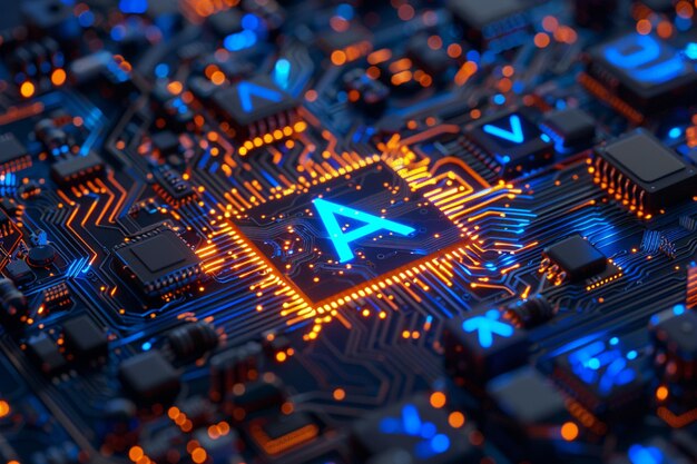 Glowing blue AI letters on a circuit board with a dark backdrop and lighted pathways