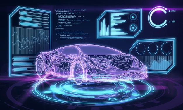 glowing blue car interface on dark background transport engineering future and technology concept 3d rendering