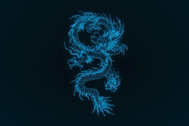 A glowing blue Chinese dragon on a dark blue background