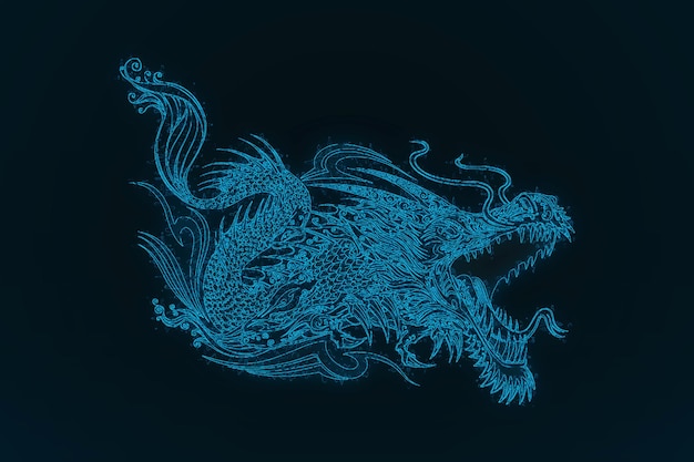 A glowing blue chinese dragon on a dark blue background