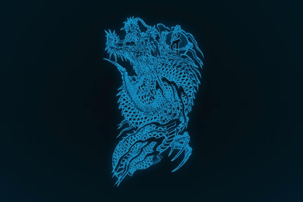 Photo a glowing blue chinese dragon on a dark blue background