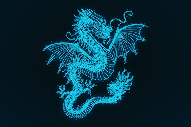 A glowing blue Chinese dragon on a dark blue background