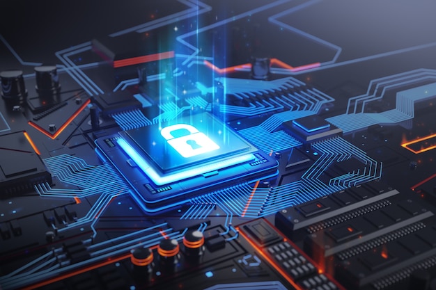 glowing blue circuit with security lock