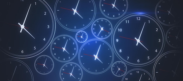 Glowing blue clock background Time management concept 3D Rendering