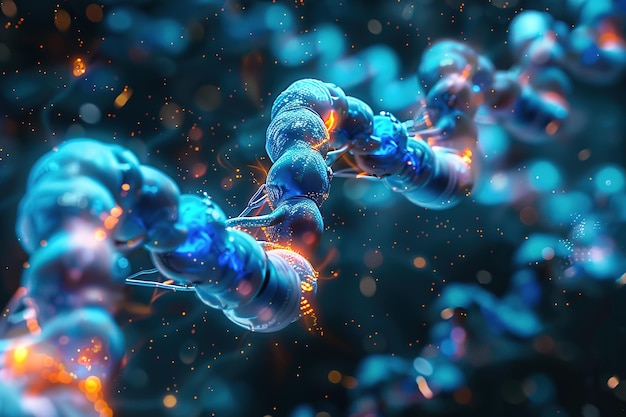 A glowing blue DNA double helix with particles symbolizing biotechnology and genetics