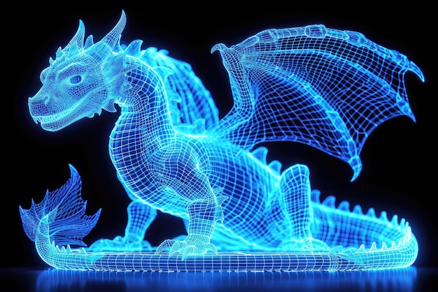 A glowing blue dragon sitting on top of a table