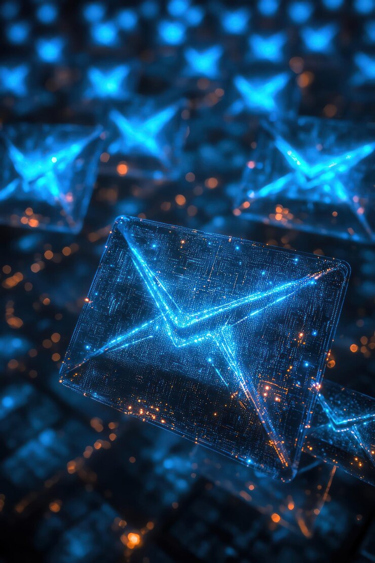 Photo glowing blue envelopes on a digital network grid symbolizing electronic communication and data transfer