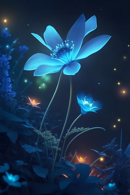 Photo a glowing blue flower at night