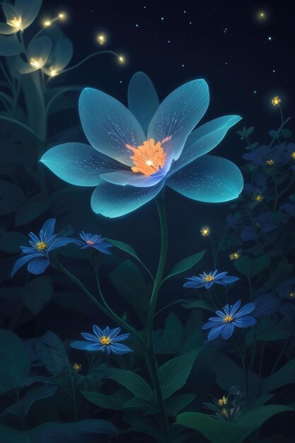 A glowing blue flower at night