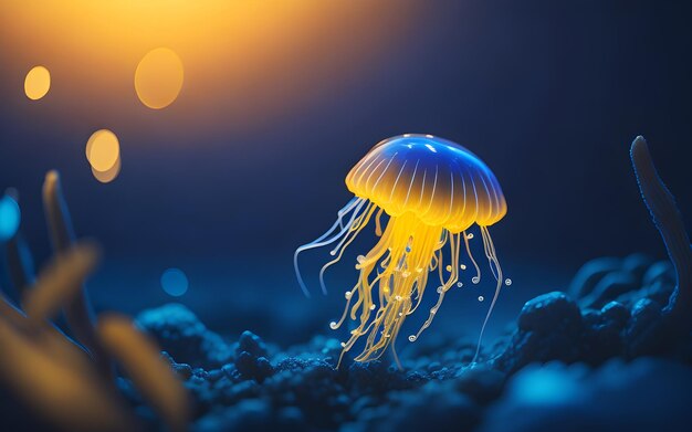 Светящиеся голубые медузы в подводном океане