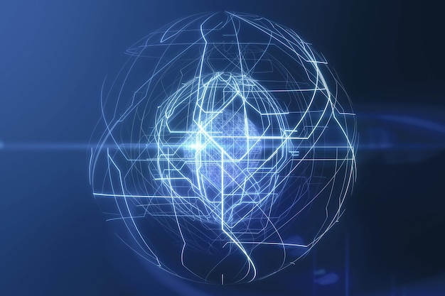 glowing blue linear sphere on blurry background geometric cyberspace network and future concept 3d rendering