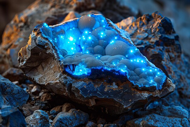 夕暮れ の 下 の 岩 の 表面 に 輝く 青い マグネサイト