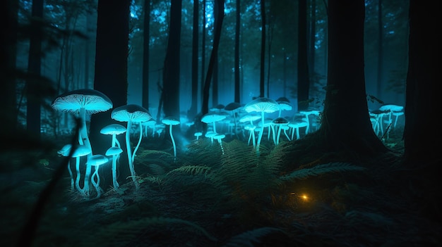 Glowing Blue Mushrooms in Mire A Bioluminescent Forest Floor