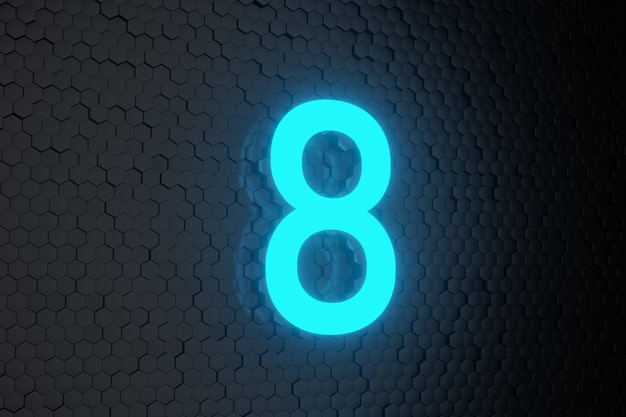 Photo glowing blue neon light countdown number on black hexagons