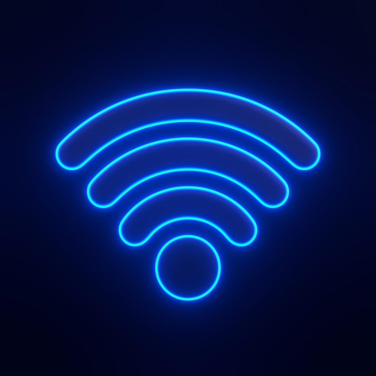 Фотография светящийся синий неоновый значок сигнала wifi на темном фоне