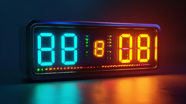 Photo a glowing blue and orange digital clock in a dark room the clock is showing the time 0000