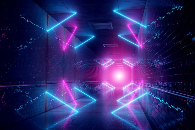 Photo glowing blue and pink neon light tubes in dark underground tunnel 3d rendering