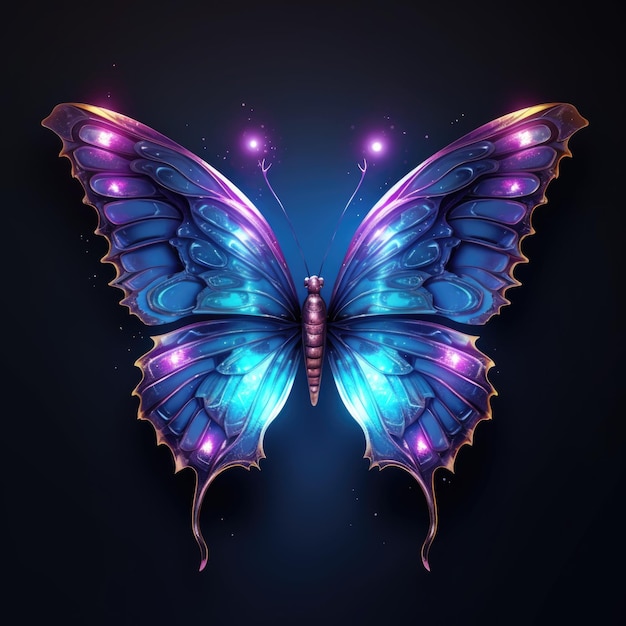 Glowing blue and purple butterfly with textured scaly wings Digital art on dark background