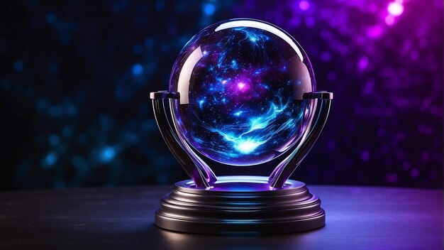 Photo a glowing blue and purple orb sits on a black pedestal against a backdrop of stars and nebulosity