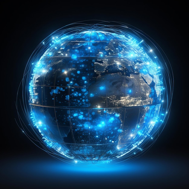 Glowing blue sphere displays global data patterns