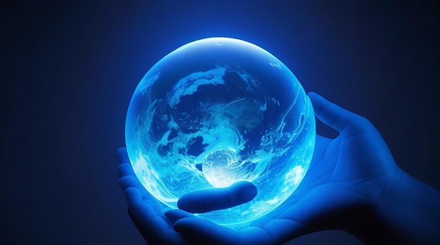Светящаяся голубая сфера, которую держит рука человека