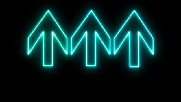 glowing blue three neon arrow upward direction on black background up abstract directional icon