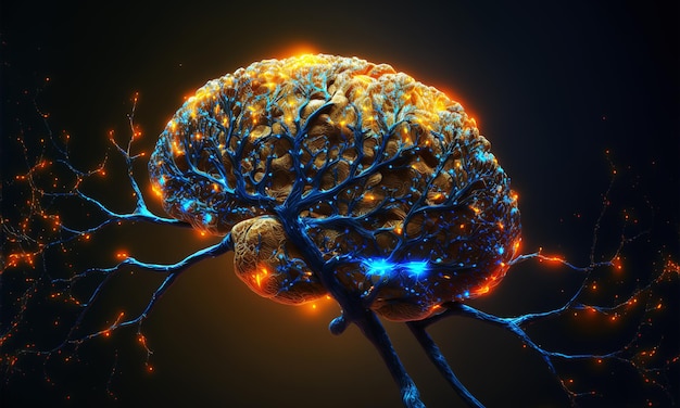 인공 지능을 나타내는 신경 링크 네트워크로 빛나는 뇌 배경