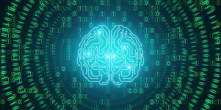 Photo glowing brain hologram with binary coding on blue backdrop programming machine learning and artificial intelligence concept 3d rendering