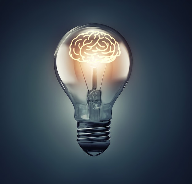 Светящийся мозг внутри изображения концепции идеи лампочки
