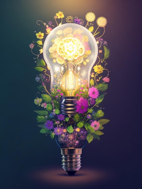 The glowing brain inside a light bulb represents the power of inspiration and the flowers