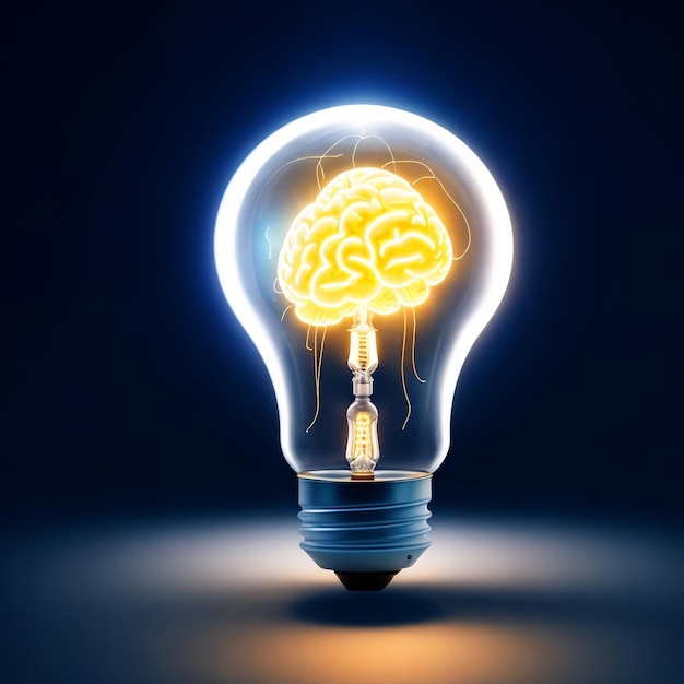 Foto il cervello luminoso all'interno di una lampadina rappresenta il potere dell'ispirazione