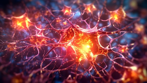 glowing brain neural cells connected in biological neural network Neural network generated in May 2023 Not based on any actual scene or pattern