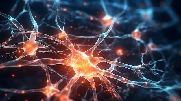 写真 生物学的ニューラル ネットワークで接続された光る脳の神経細胞 2023 年 5 月に生成されたニューラル ネットワーク 実際のシーンやパターンに基づいていない