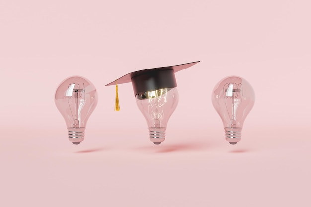 Glowing bulb in graduation cap between turned off