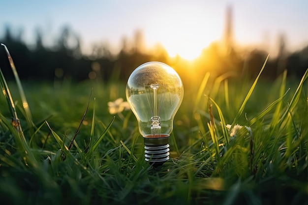 A Glowing Bulb of Power and Innovation Lies on a Green Grassbed a Symbol of Energizing and