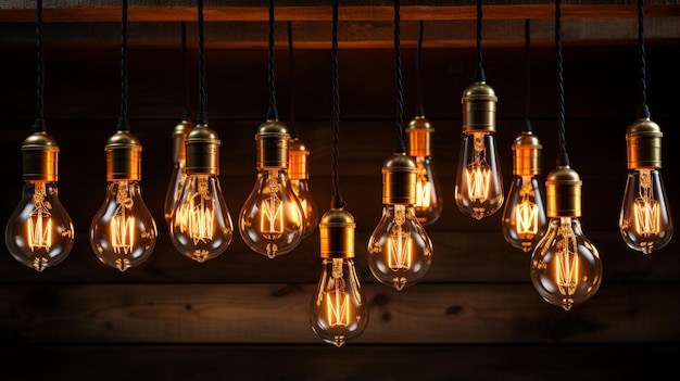 Photo glowing bulbs hanging on wooden wall