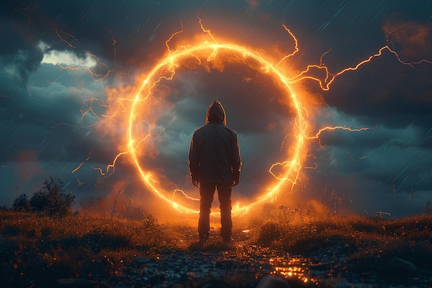 glowing burning magical portal with man silhouette standing infront