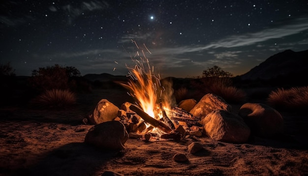 Glowing campfire burning bright in tranquil forest generated by AI