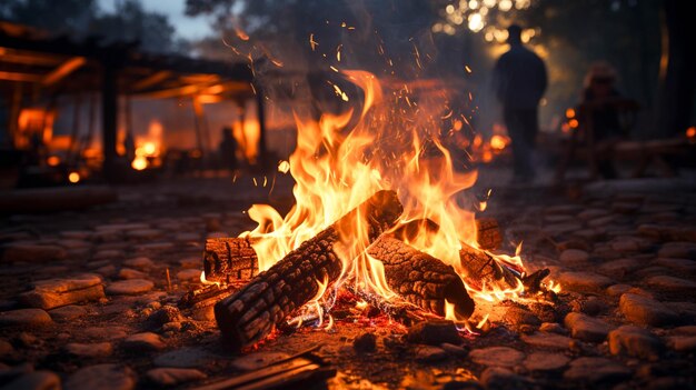 輝くキャンプファイヤーが明るく燃え上がり、夏の夜を暖めます