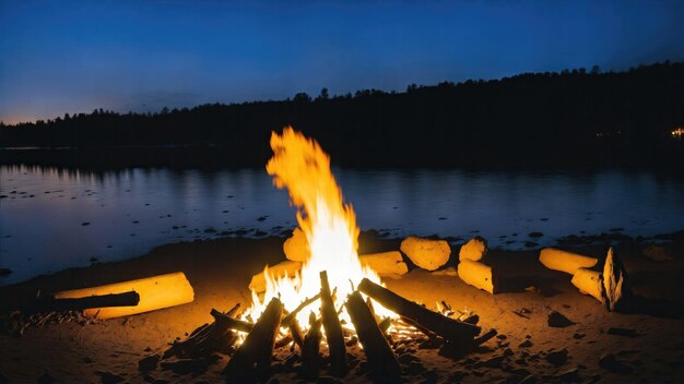 Photo a glowing campfire by the lake shades of orange and yellow dominate the sky