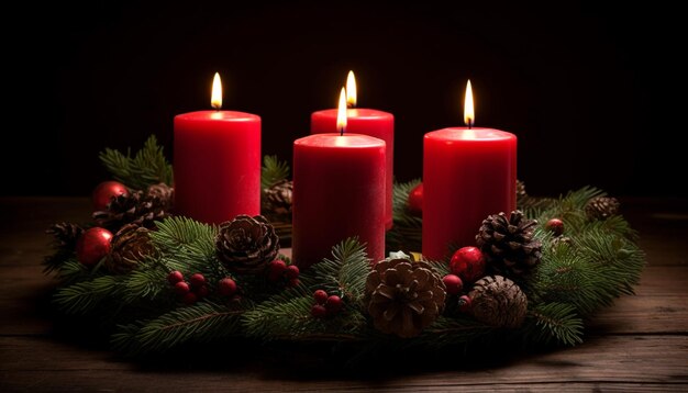 Glowing candle illuminates dark winter night decorating pine tree generated by AI