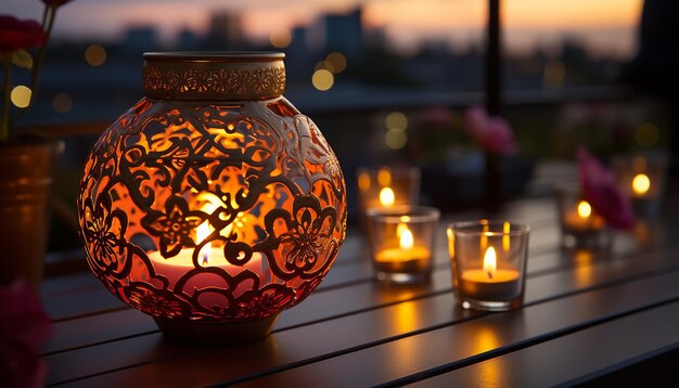 Foto la candela luminosa illumina la notte portando calore alla celebrazione all'aperto generata dall'ai