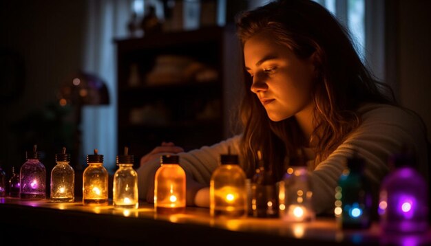 A glowing candle illuminates the solitude of a young woman generated by ai